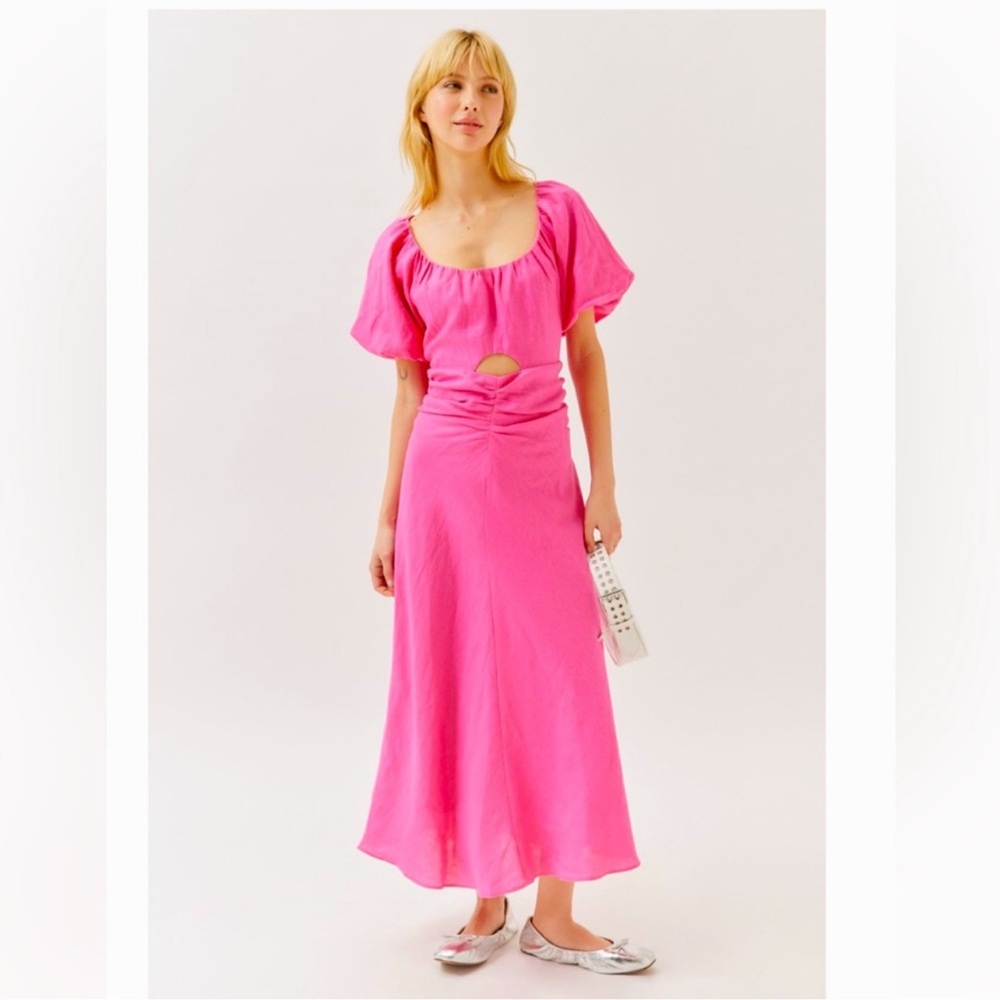 Urban Outfitters x MINKPINK | Selena Linen Puff Sleeve Midi Dress New Hot Pink